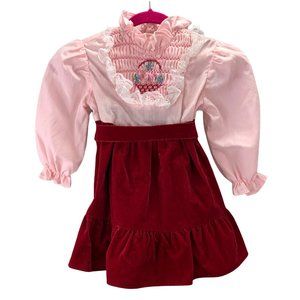 Vintage 1980s Hand Smocked Dress Velvet Ruffles Burgundy Pink Pioneer 2T